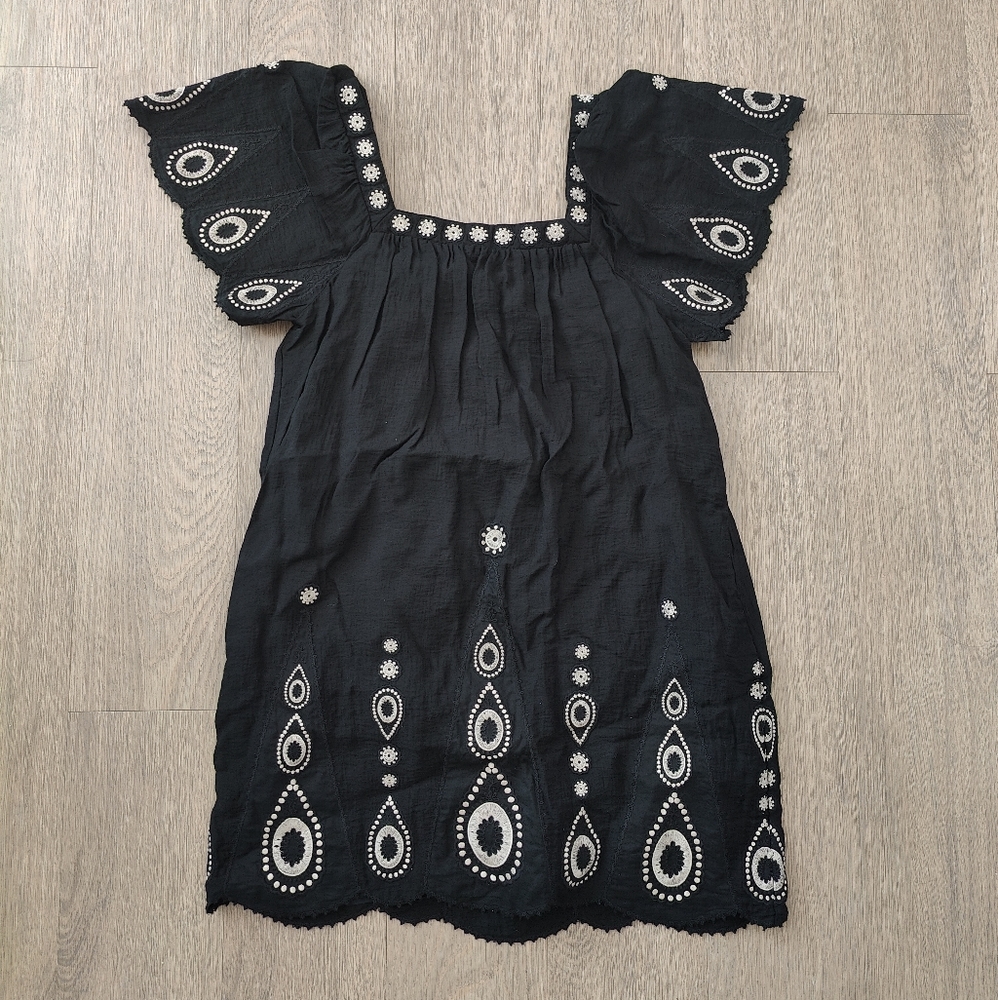 BCBGMaxAzria Black Embroidered Scalloped Mini Dress with Square Neck